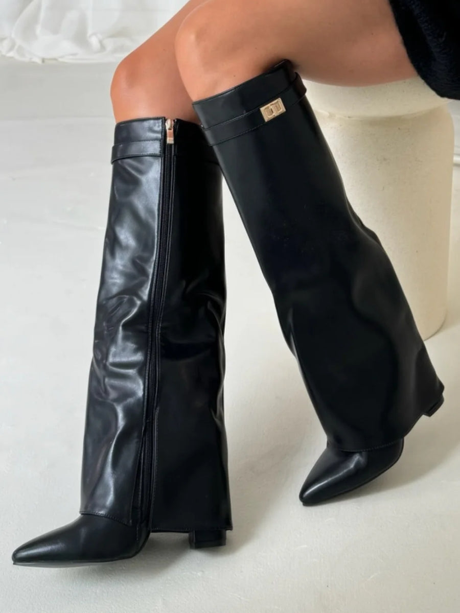 Clara | Wide Leg Folded Leather Heel Boots