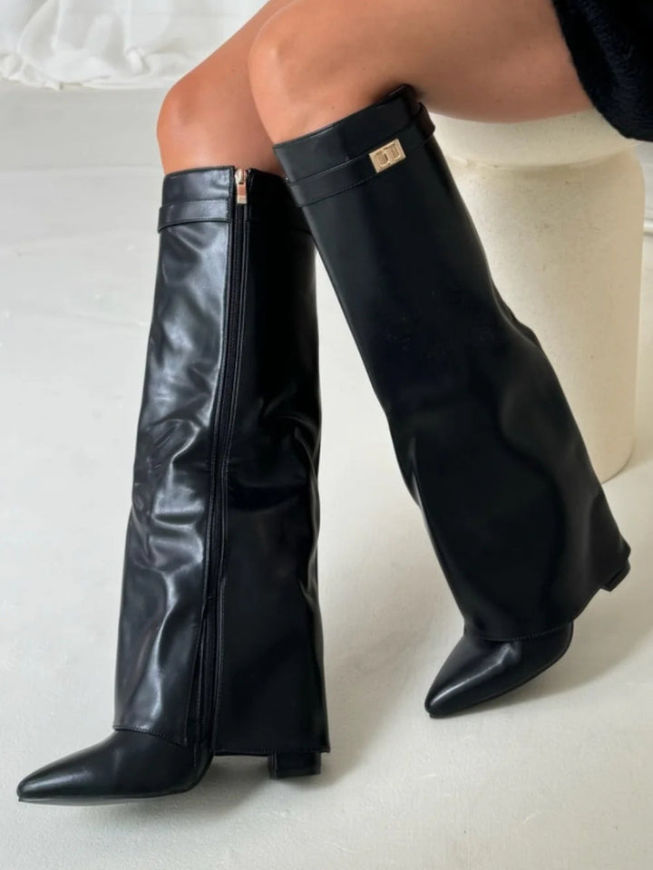 Clara | Wide Leg Folded Leather Heel Boots