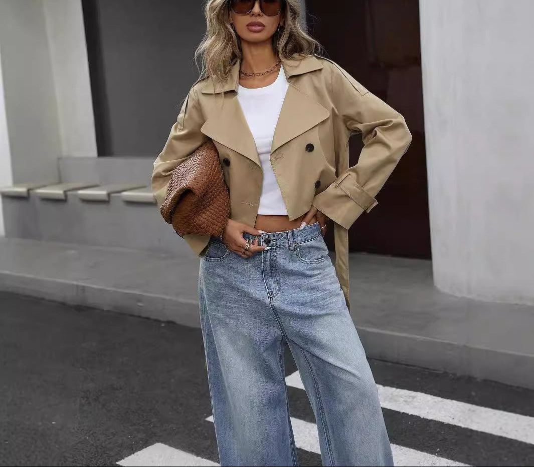 Ivy | Women’s Stylish Cropped Buttoned Trench Coat Jacket