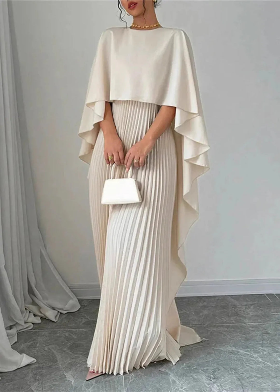 Rachel | Women’s Formal Pleated Maxi Cape Dress