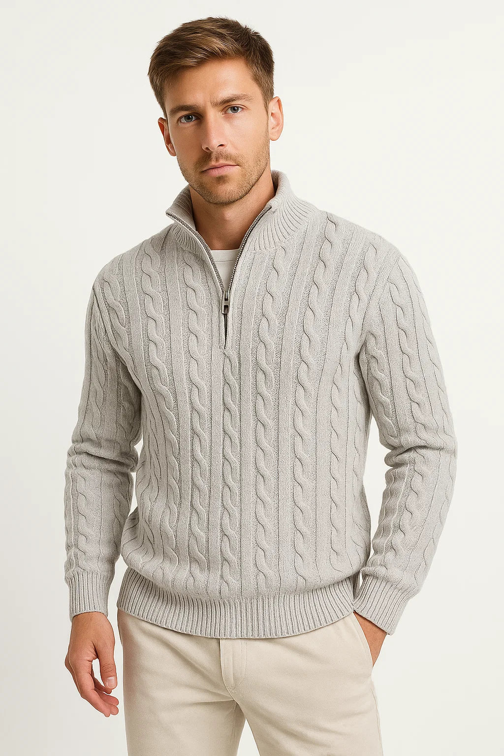 Nate | Men’s Spring Zip-Neck Cable Knit Sweater