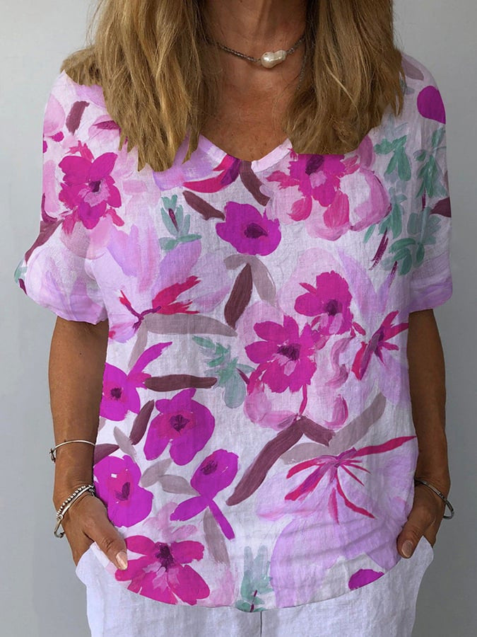 MATILDA | SUMMER BLOSSOM V-NECK FLORAL LINEN TOP
