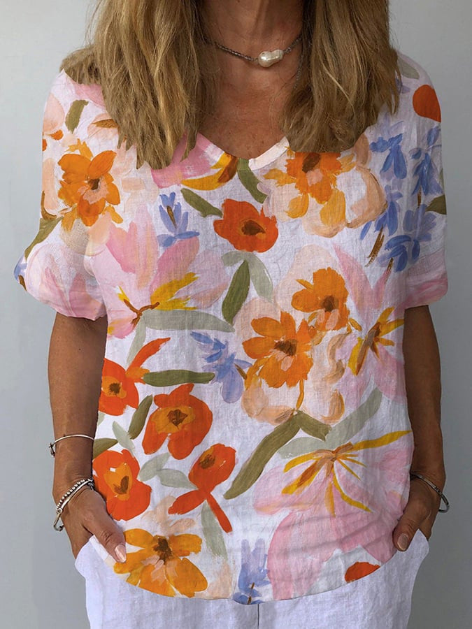 MATILDA | SUMMER BLOSSOM V-NECK FLORAL LINEN TOP