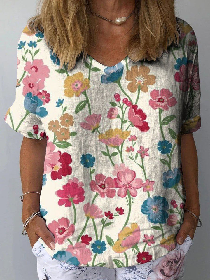 MATILDA | SUMMER BLOSSOM V-NECK FLORAL LINEN TOP