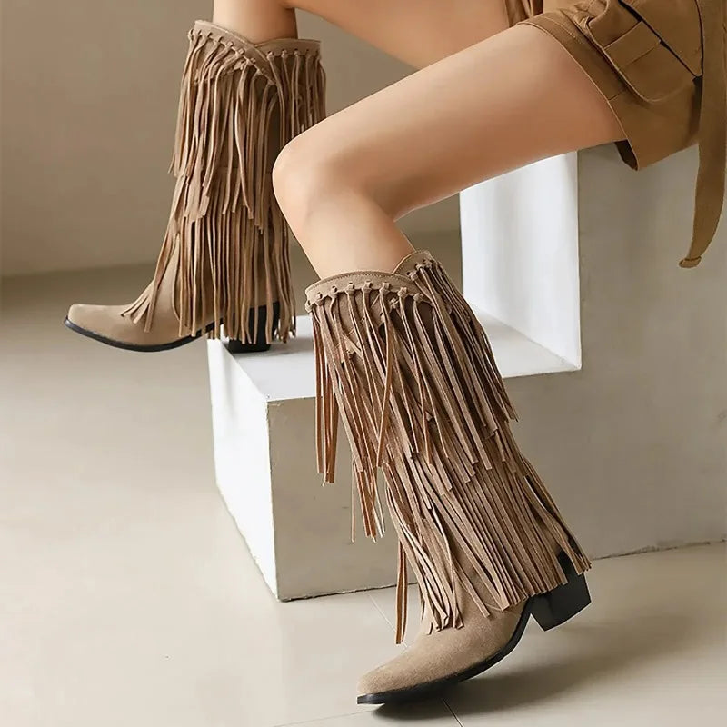 Alice | Women’s Fringe Knee-High Boots Western Style
