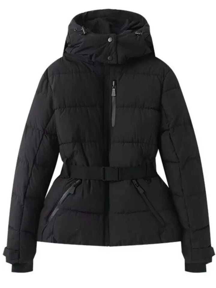 Katie | Women’s Belted Hooded Front Zip Puffer Jacket