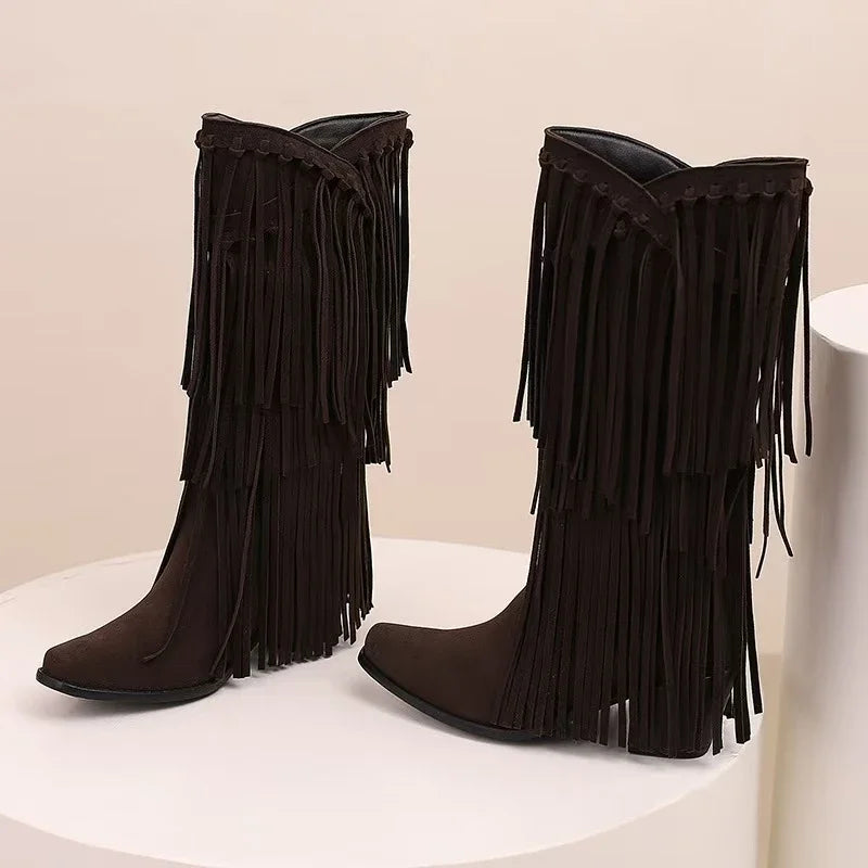 Alice | Women’s Fringe Knee-High Boots Western Style