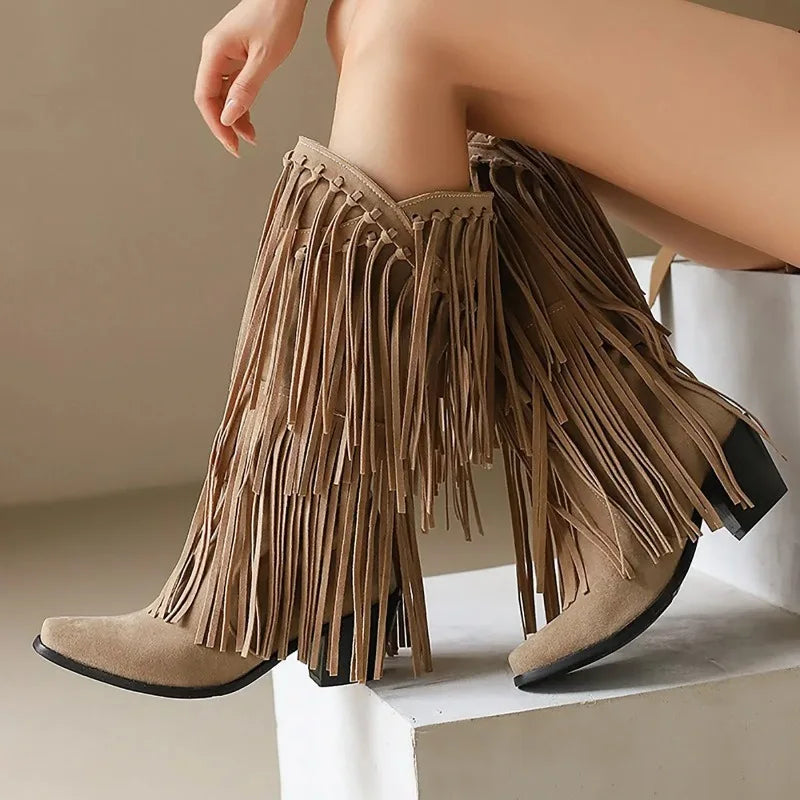 Alice | Women’s Fringe Knee-High Boots Western Style