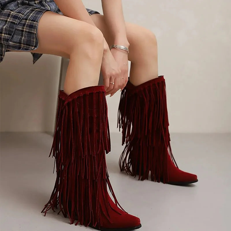 Alice | Women’s Fringe Knee-High Boots Western Style