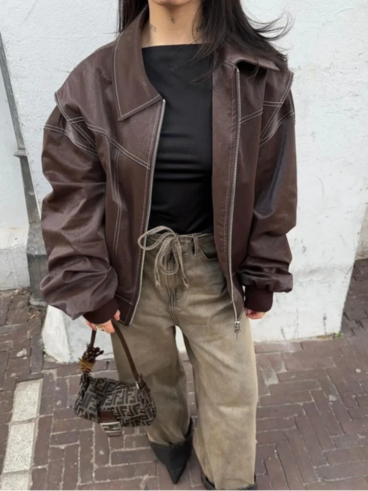 Elsie | Women’s Classic  Oversized Leather Bomber Jacket