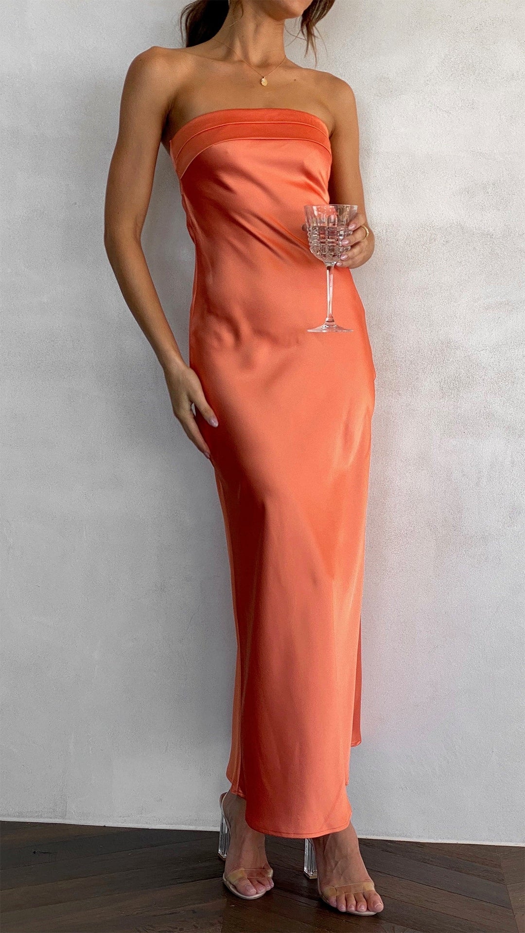 Catherine | Women’s Straight Neck Satin Maxi Evening Dress