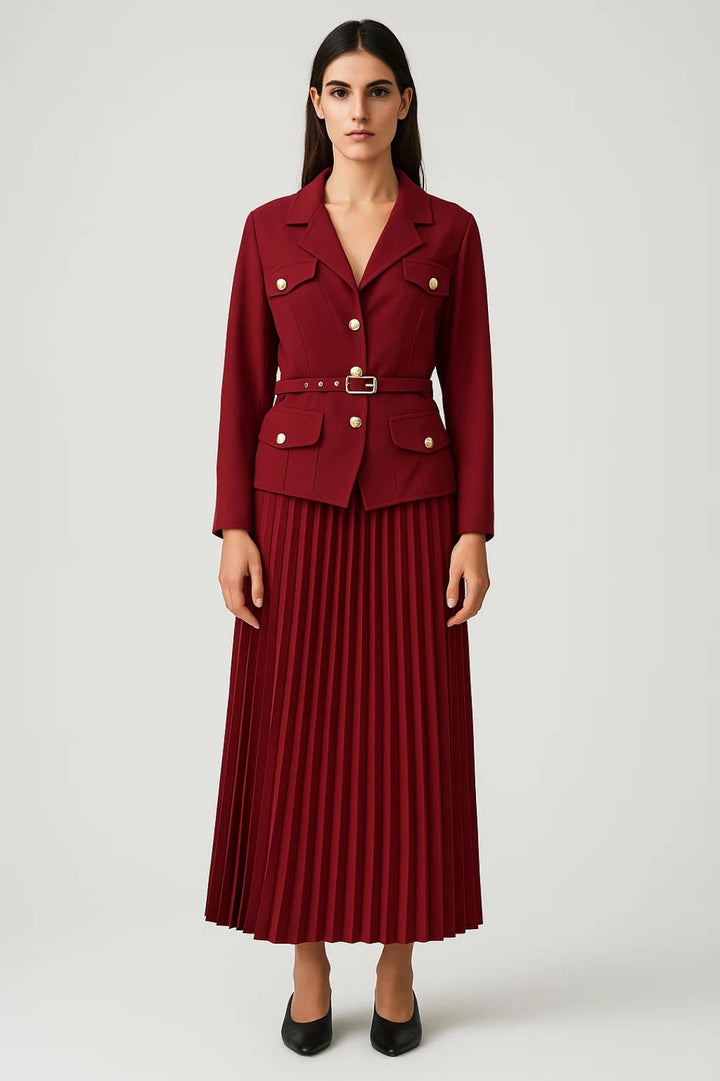 Catherine | Women’s Double-Breasted Blazer Pleated Skirt Set