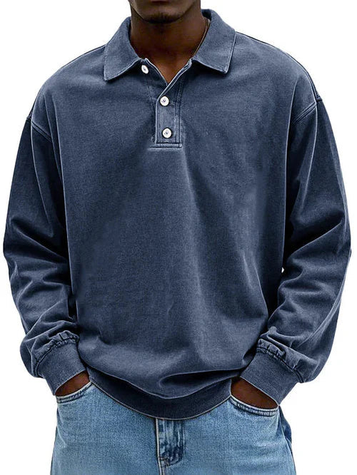 David | Men’s Casual Blue Long Sleeve Polo Shirt